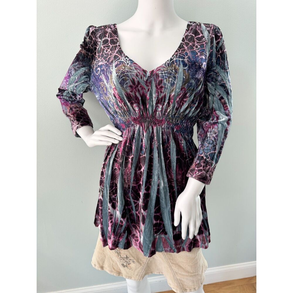 One World Purple Velvet Tunic Blouse Hippycore Fairycore Hippie Top size Medium